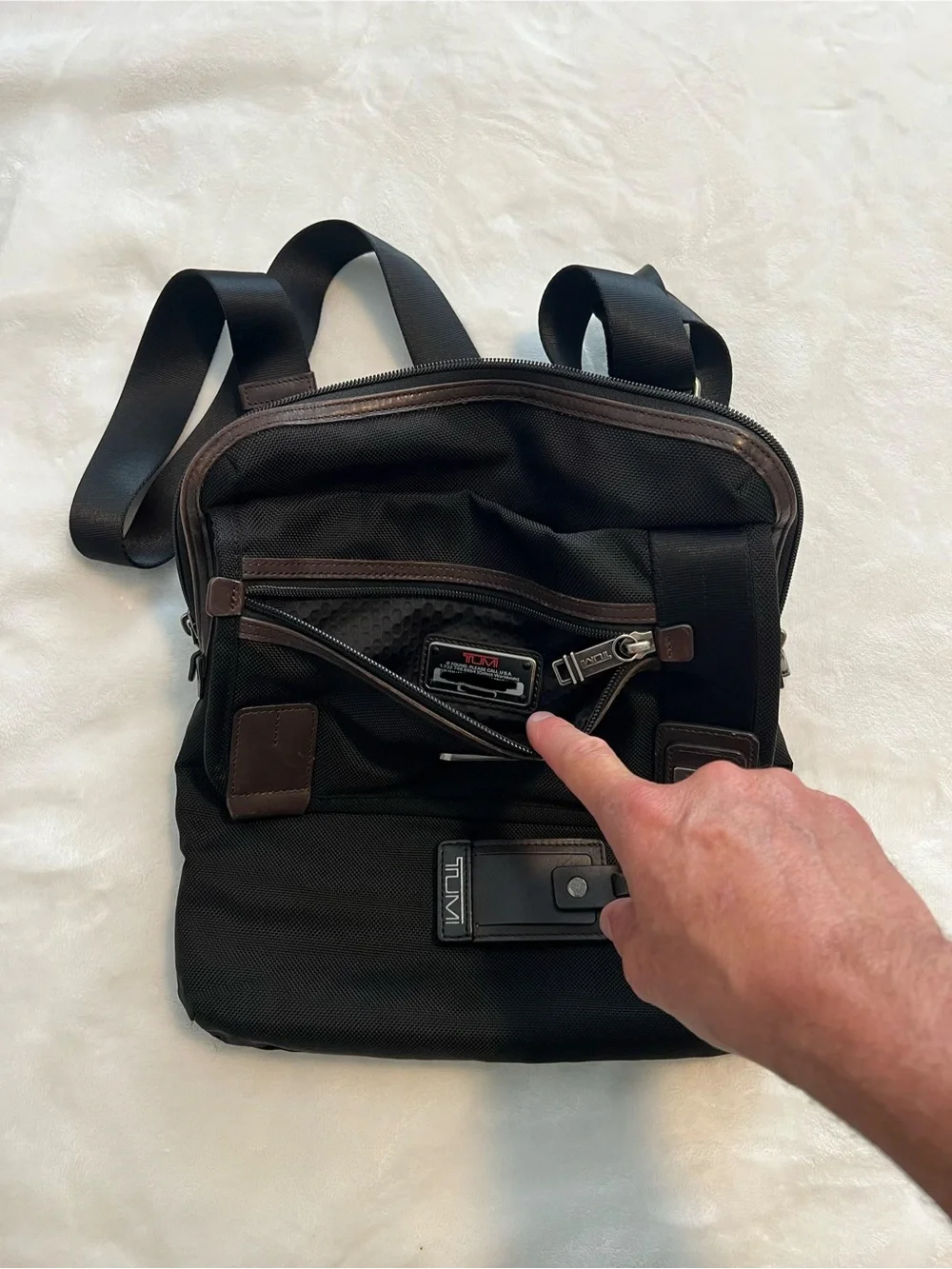 Tumi Black Men's Crossbody Messenger Bag with Brown Trim